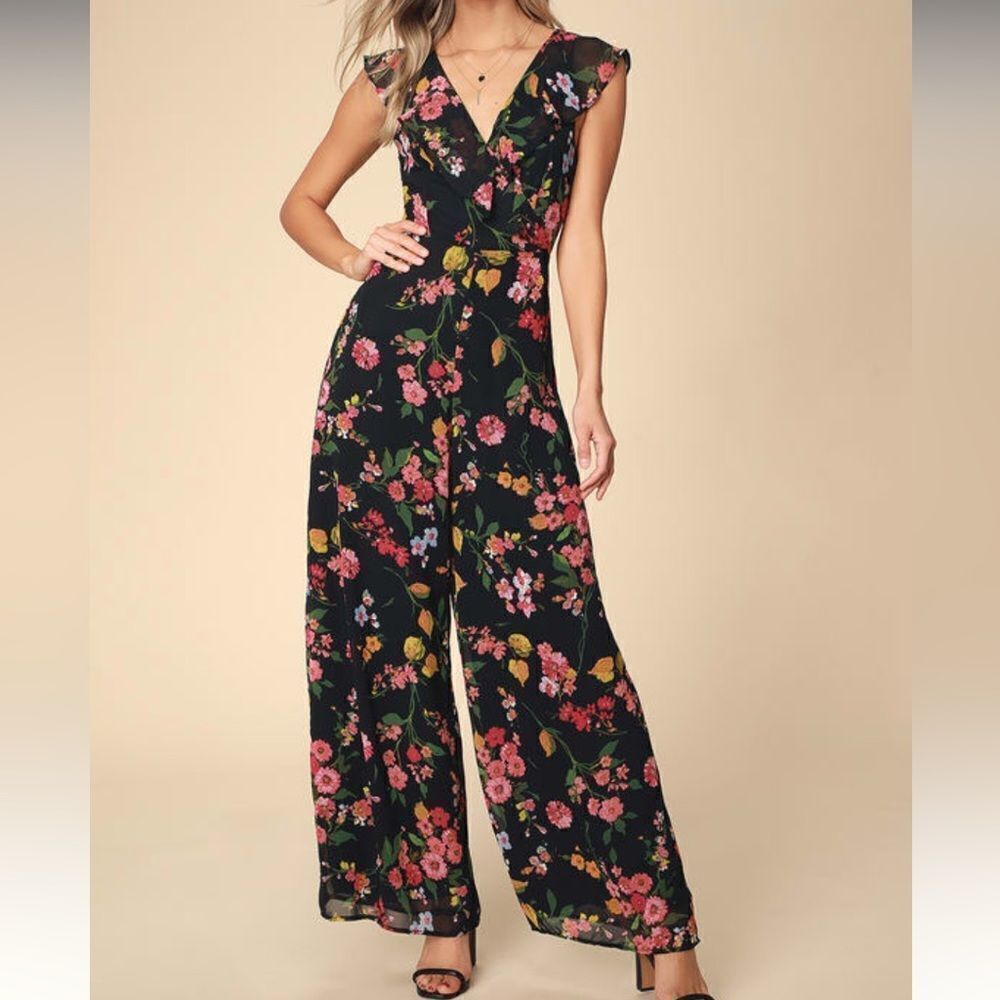 Lulu's Black Floral Wide-Leg Jumpsuit with Pink & Green Accents